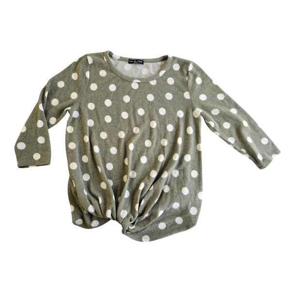 Kim & Cami Medium Polka Dot Twist-Front Green & White Soft Knit 3/4 Sleeve Top - Picture 1 of 5